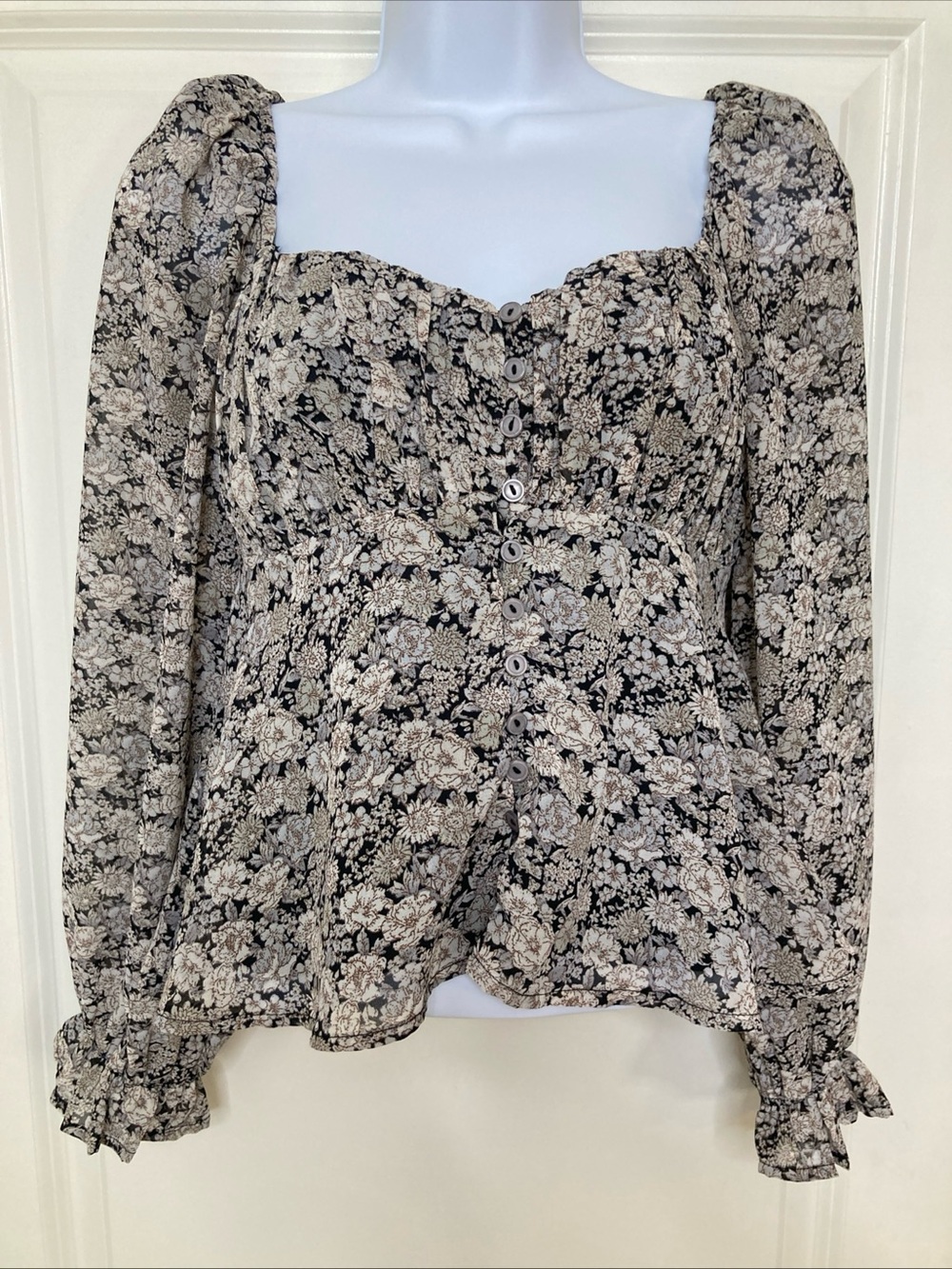 ASTR the Label Milkmaid Blouse Black Floral Cropped Women Top Size XS